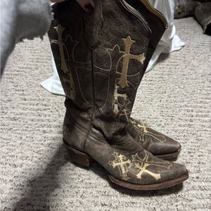 Brown Heeled Boots with Gold Cross Design